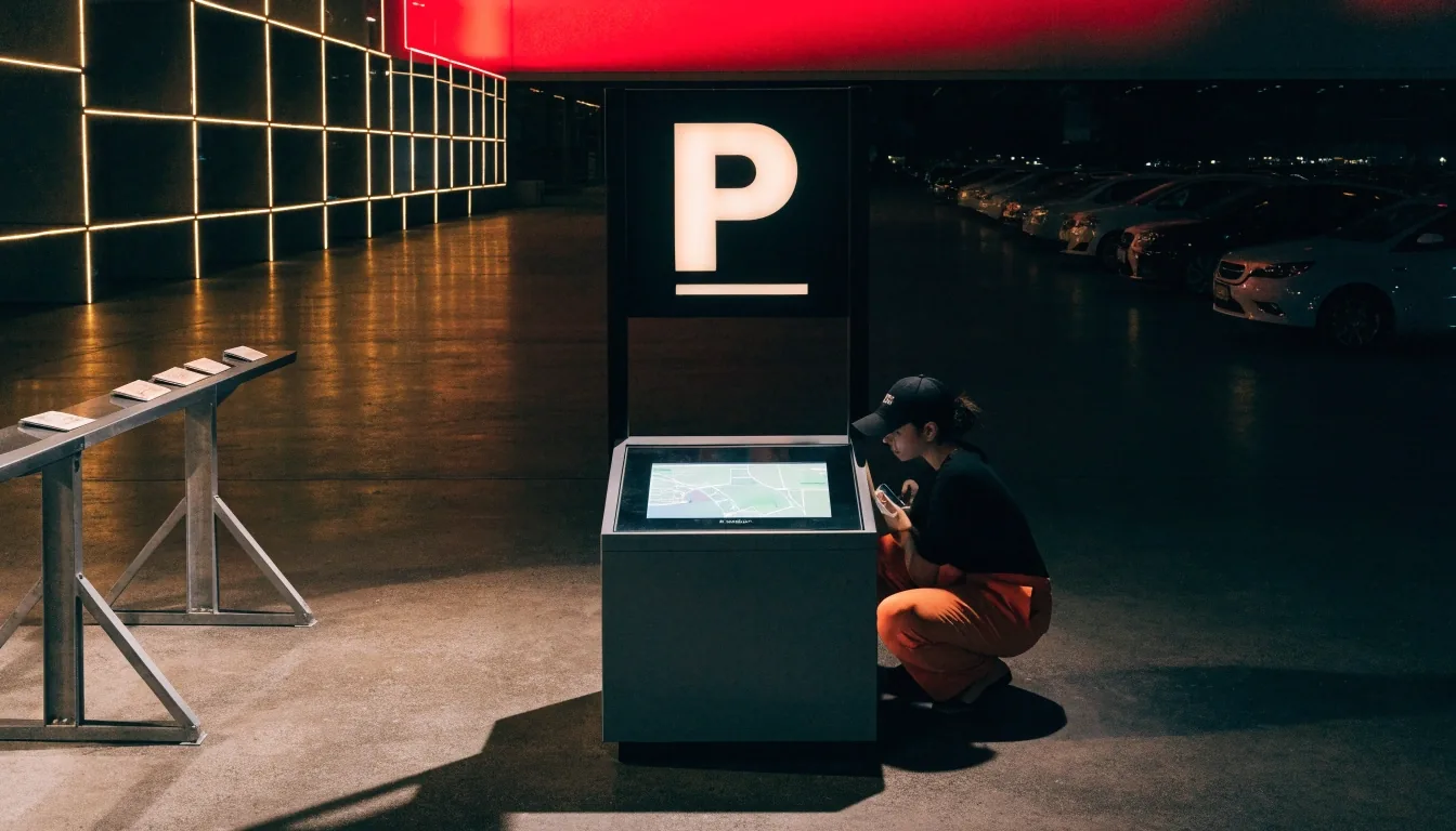 Help point inside a Melbourne Airport car park at dusk