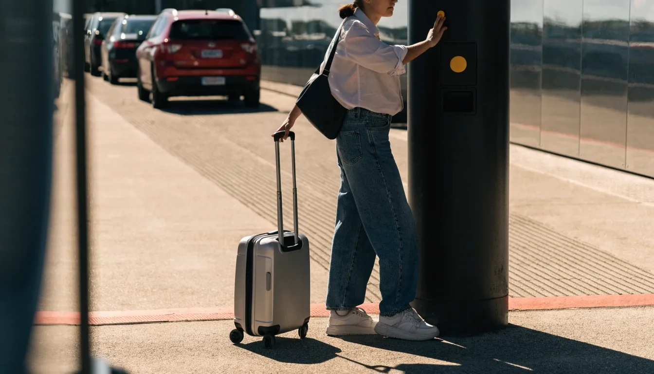 Travellers heading to terminal with shuttle at kerb