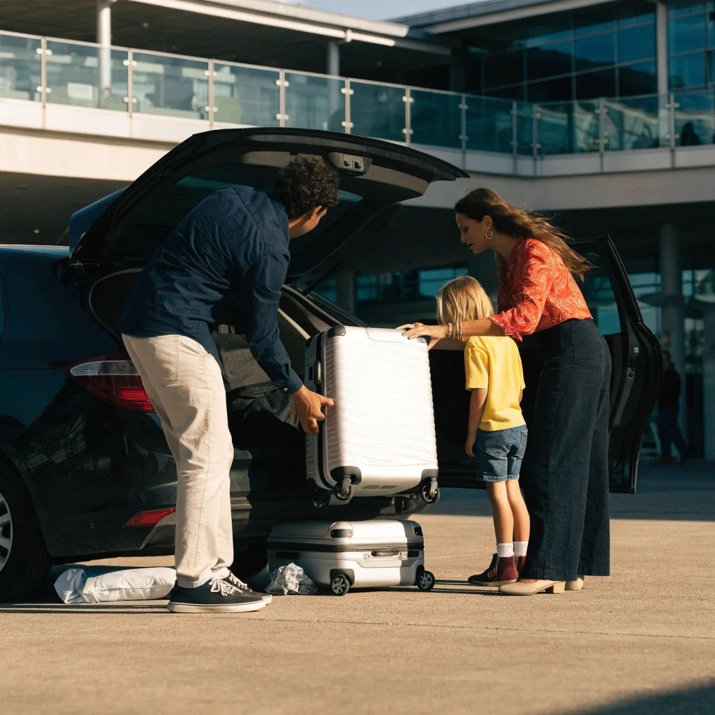 Family loading luggage into a car in the airport car park