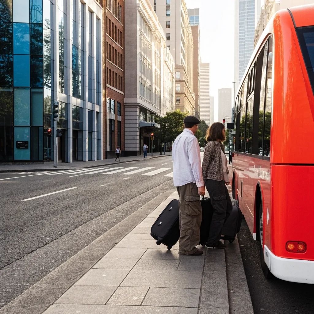 SkyBus style express bus collecting travellers with luggage
