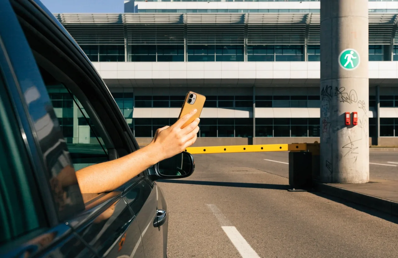 Hand holding phone at Melbourne Airport parking entry barrier