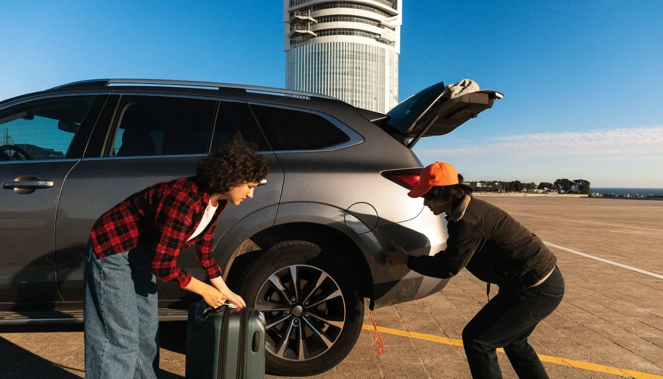 Traveller loading a bag into a car boot before heading to the terminal