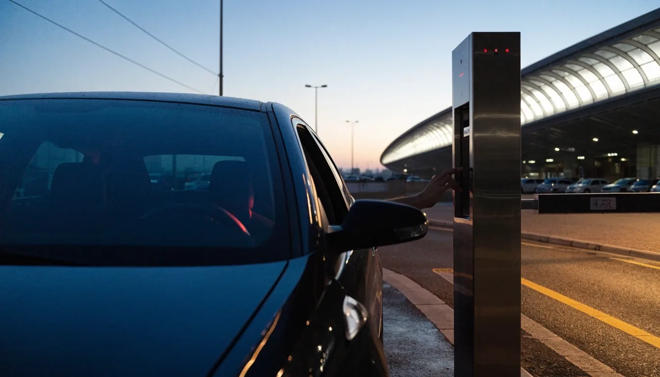 Car pausing at a Melbourne Airport parking entry barrier at dusk