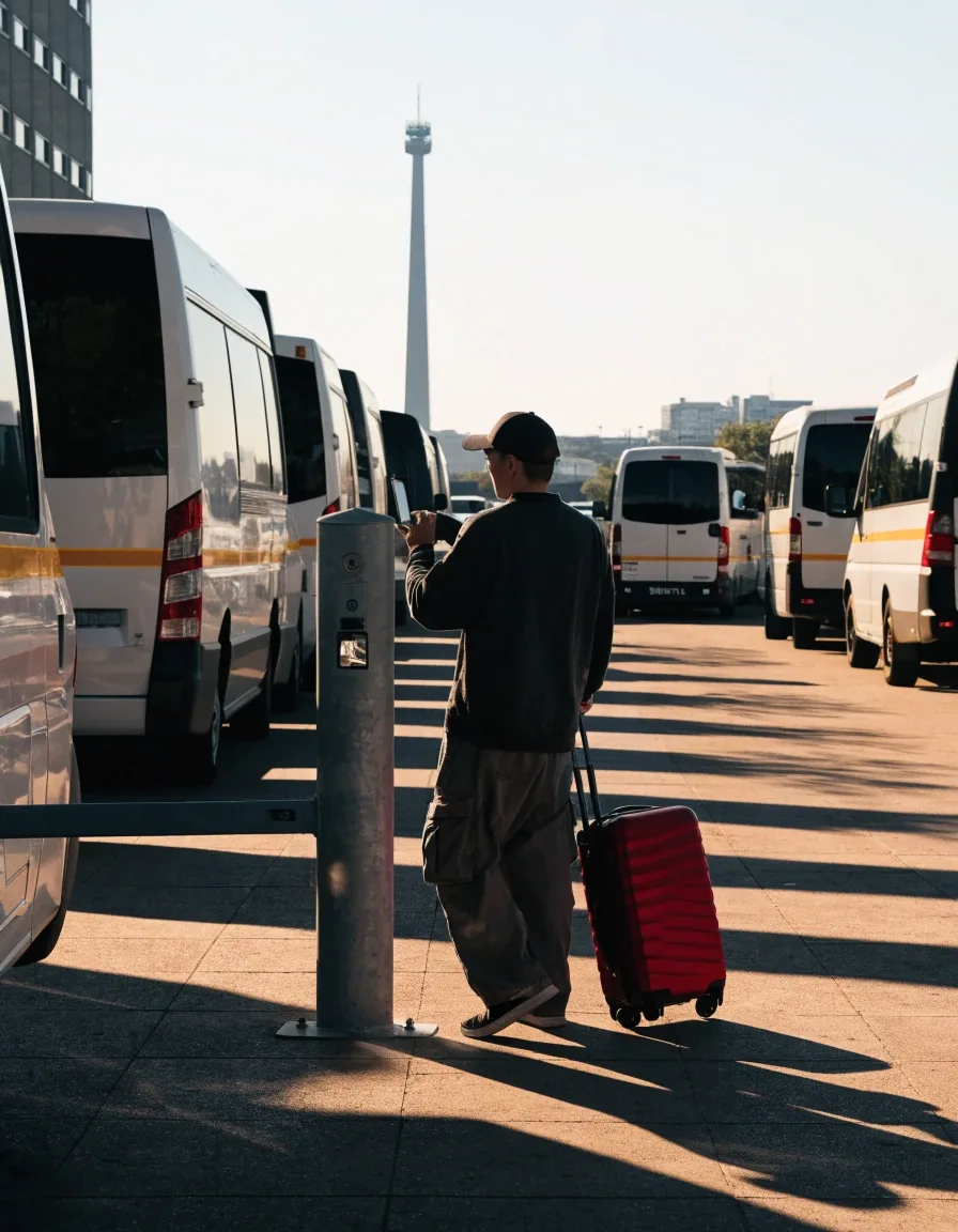 Traveller with suitcase near shuttle at Melbourne Airport kerb