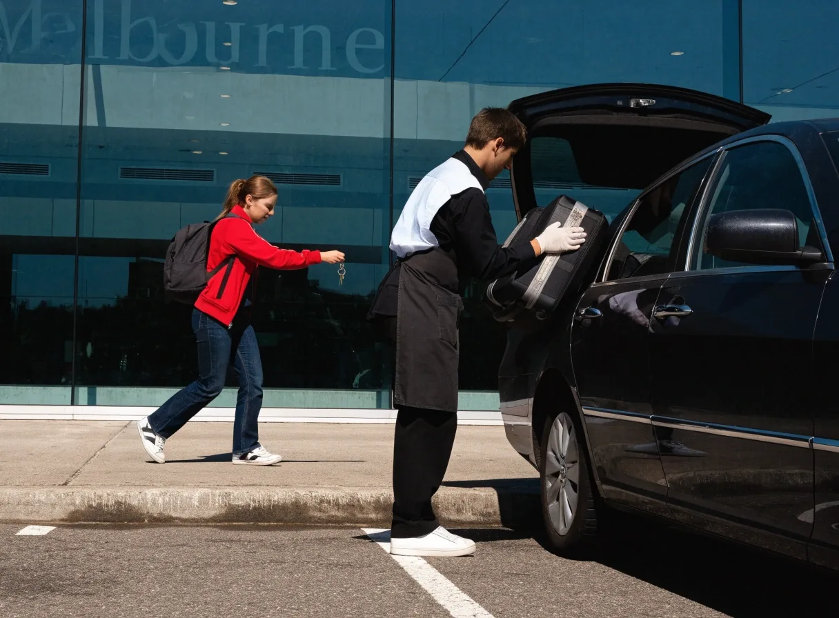 Valet handover at Melbourne Airport terminal forecourt