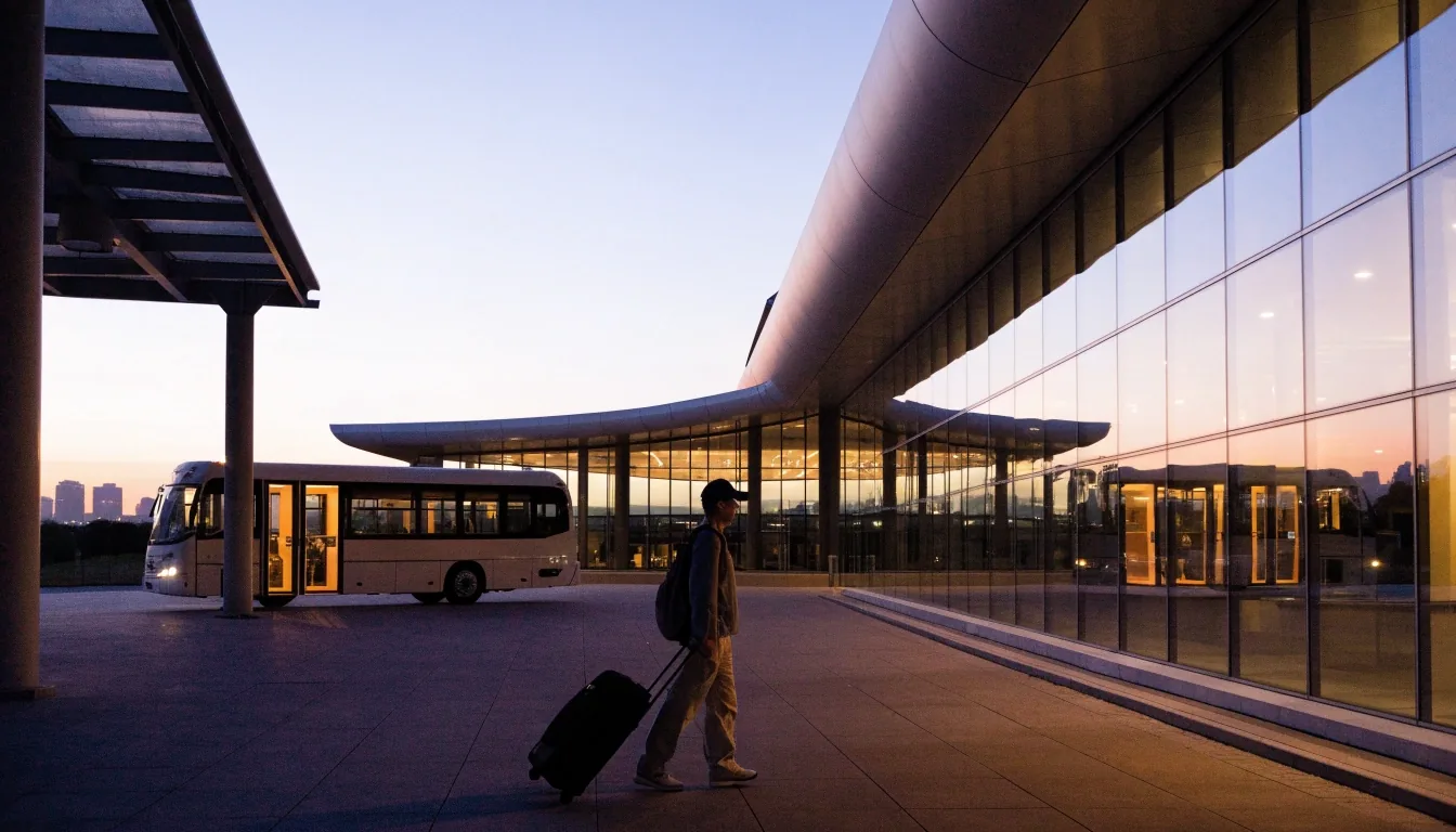 Terminal 4 forecourt at Melbourne Airport at dusk with a shuttle at the kerb