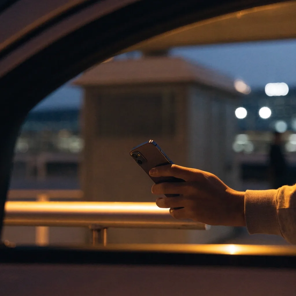 Hand with phone at car park entry barrier