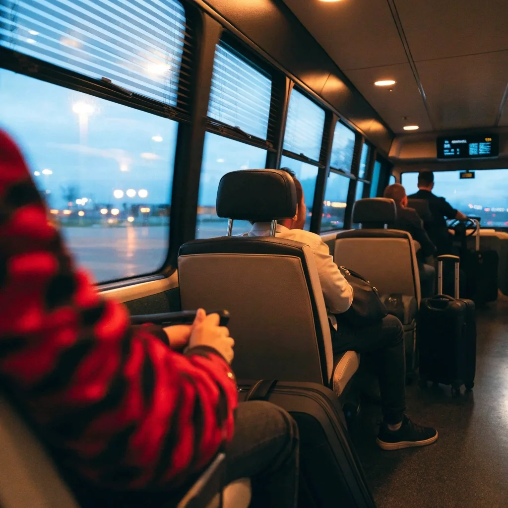 Shuttle bus at airport kerb at blue hour